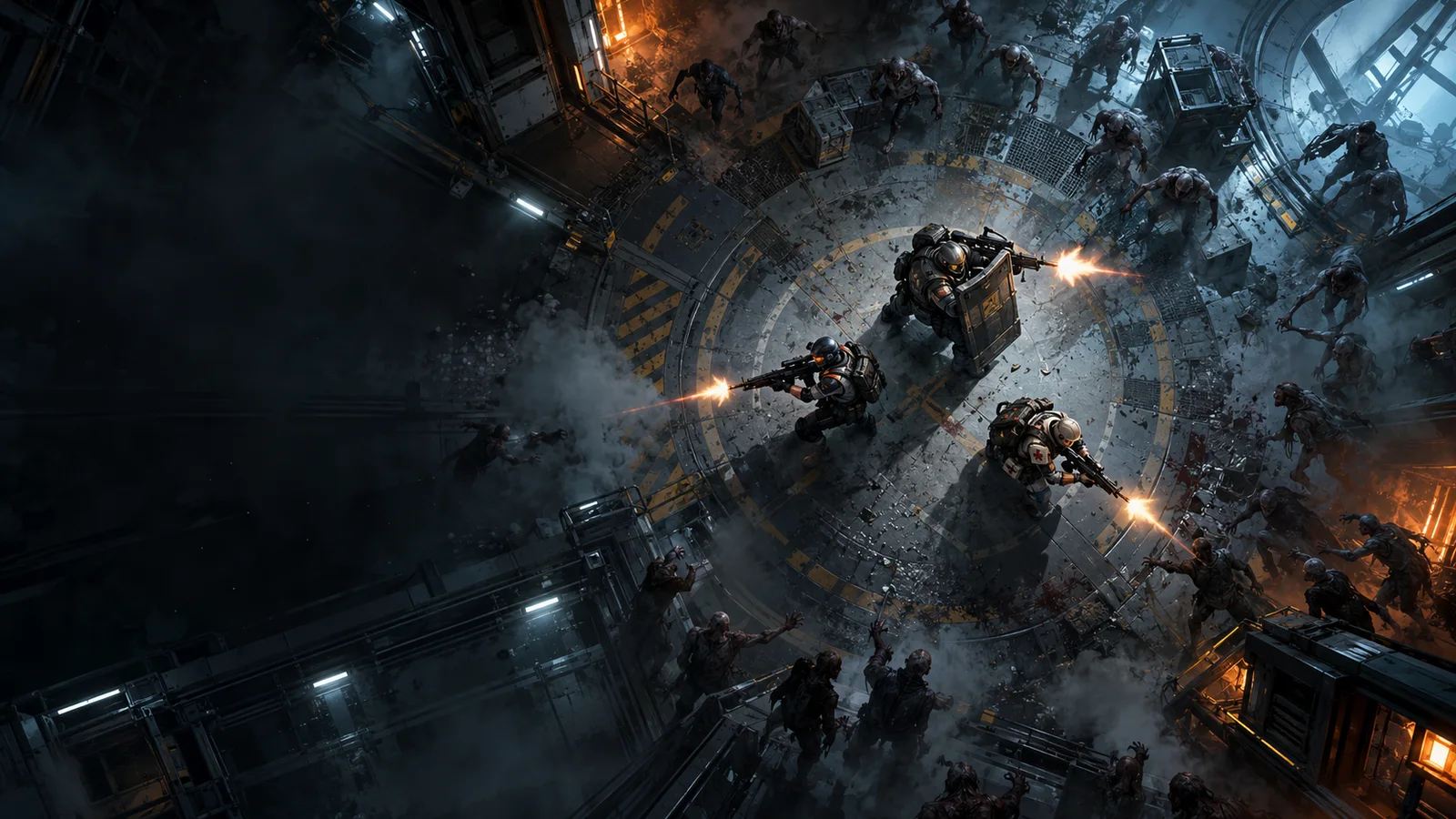 Original artwork of a three-person sci-fi squad fighting infected creatures